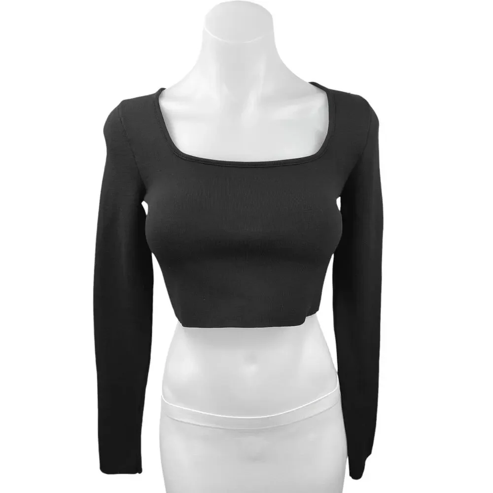 Zara Black Ribbed Knit Stretch Square Neck Long Sleeve Pullover Crop Top Size M